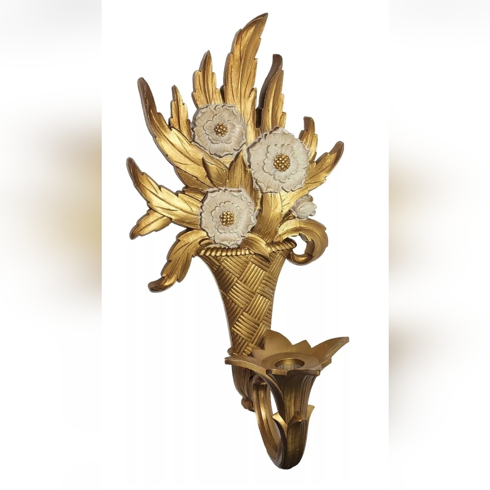 Vtg MCM Gold Tone Wall Sconce Candle Holder Flowers Homco Made USA 15" Plastic